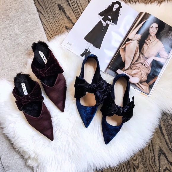 Zara Navy Velvet Ballerinas with Bow - Picture 2 of 8